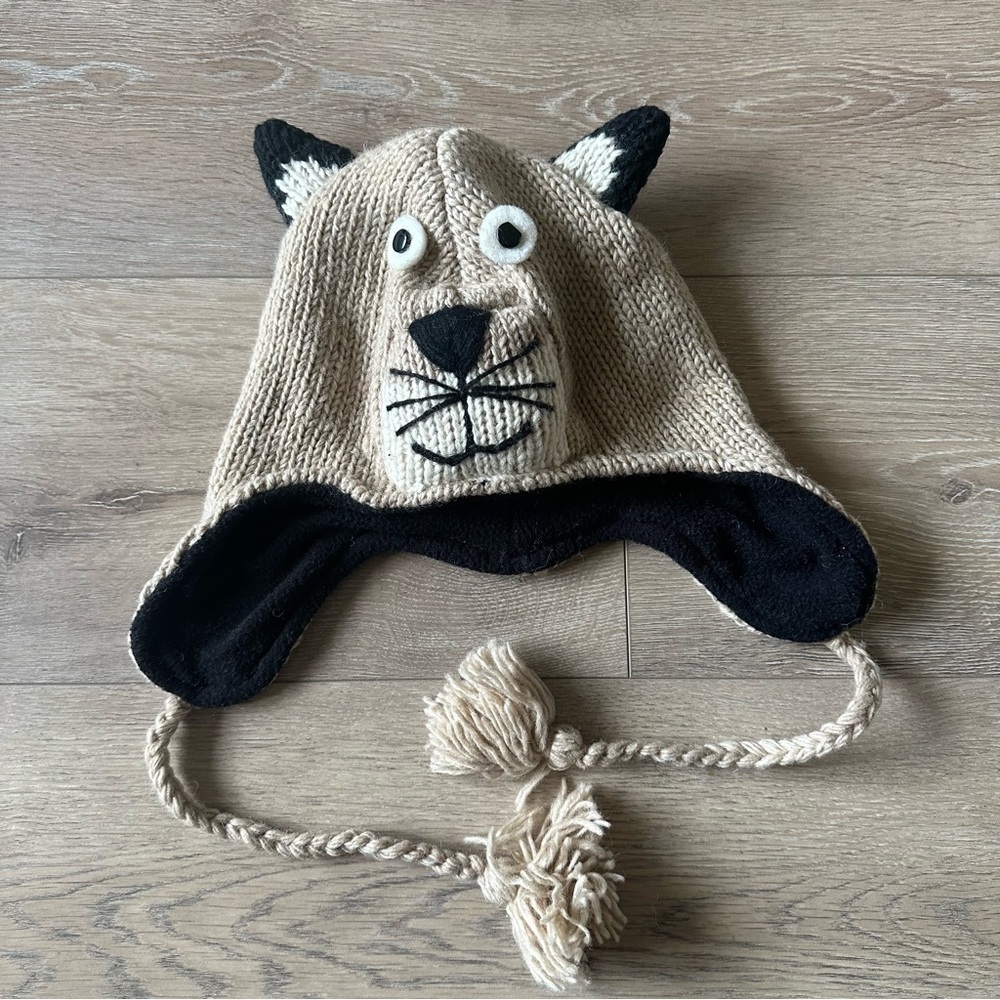 New Hand Knit 100% Wool Kids Animal Hat Made In Nepal